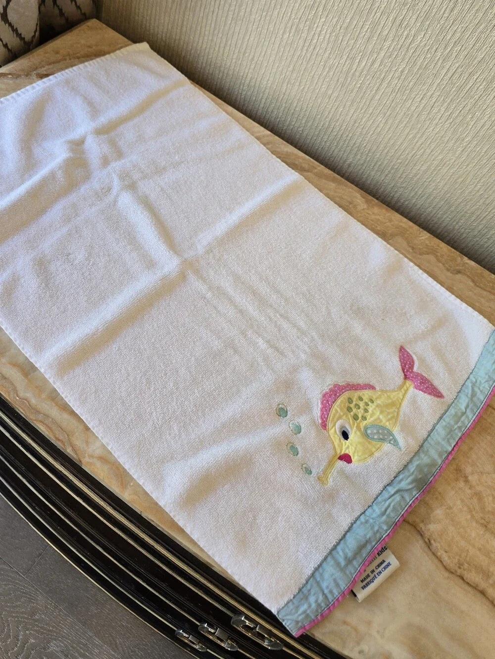 Pottery Barn Kids Fish Embroidered Bath Mat Towel Set in Yellow, Blue & Pink